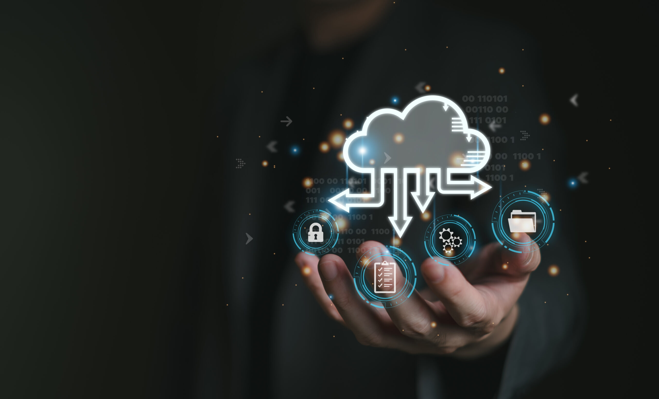 Business person migrate data and corporate information into cloud technology for data security and back up as disaster recovery site and prevent for cyber crime. Data inventory for enterprise.